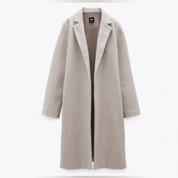 Zara Small Long Beige Coat with Lapel Oatmeal Beige Heathered Jacket - Picture 1 of 8